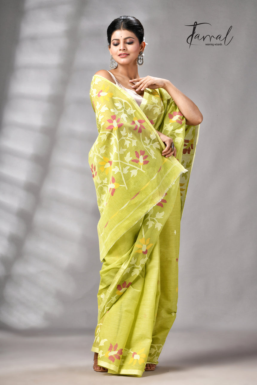 Lemon green pure cotton handwoven jamdani saree