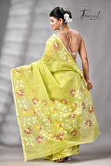 Lemon green pure cotton handwoven jamdani saree