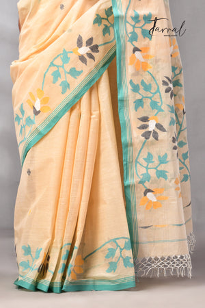 Beige With Firoza Border Pure Cotton Handwoven Jamdani Saree
