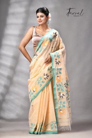 Beige With Firoza Border Pure Cotton Handwoven Jamdani Saree