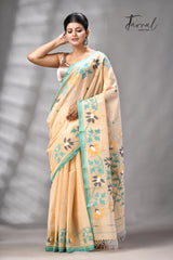 Beige with firoza border pure cotton handwoven jamdani saree