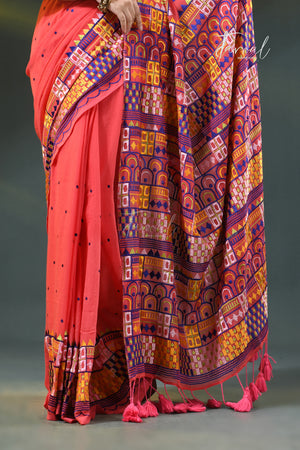 Deep peach with multicoloured  lambani embroidery saree