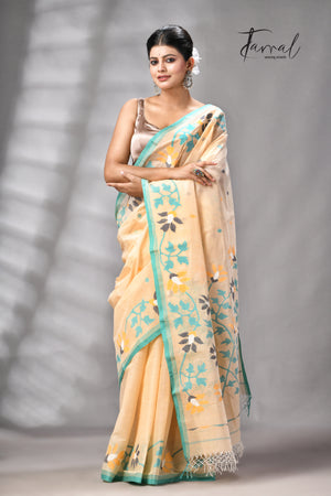 Beige With Firoza Border Pure Cotton Handwoven Jamdani Saree