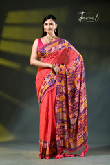 Deep peach with multicoloured  lambani embroidery saree