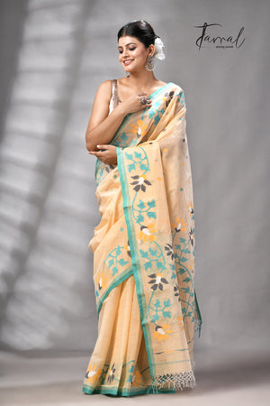 Beige With Firoza Border Pure Cotton Handwoven Jamdani Saree
