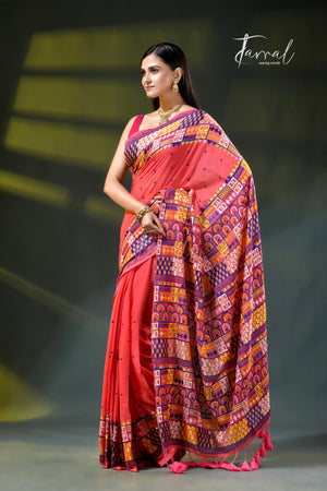 Deep peach with multicoloured  lambani embroidery saree