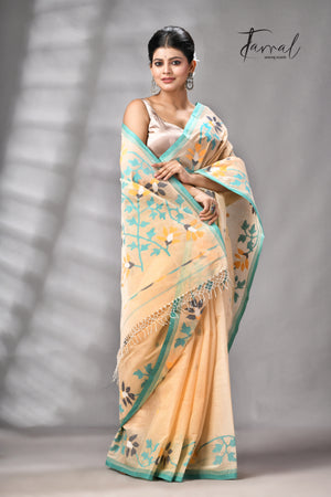 Beige With Firoza Border Pure Cotton Handwoven Jamdani Saree