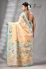 Beige with firoza border pure cotton handwoven jamdani saree