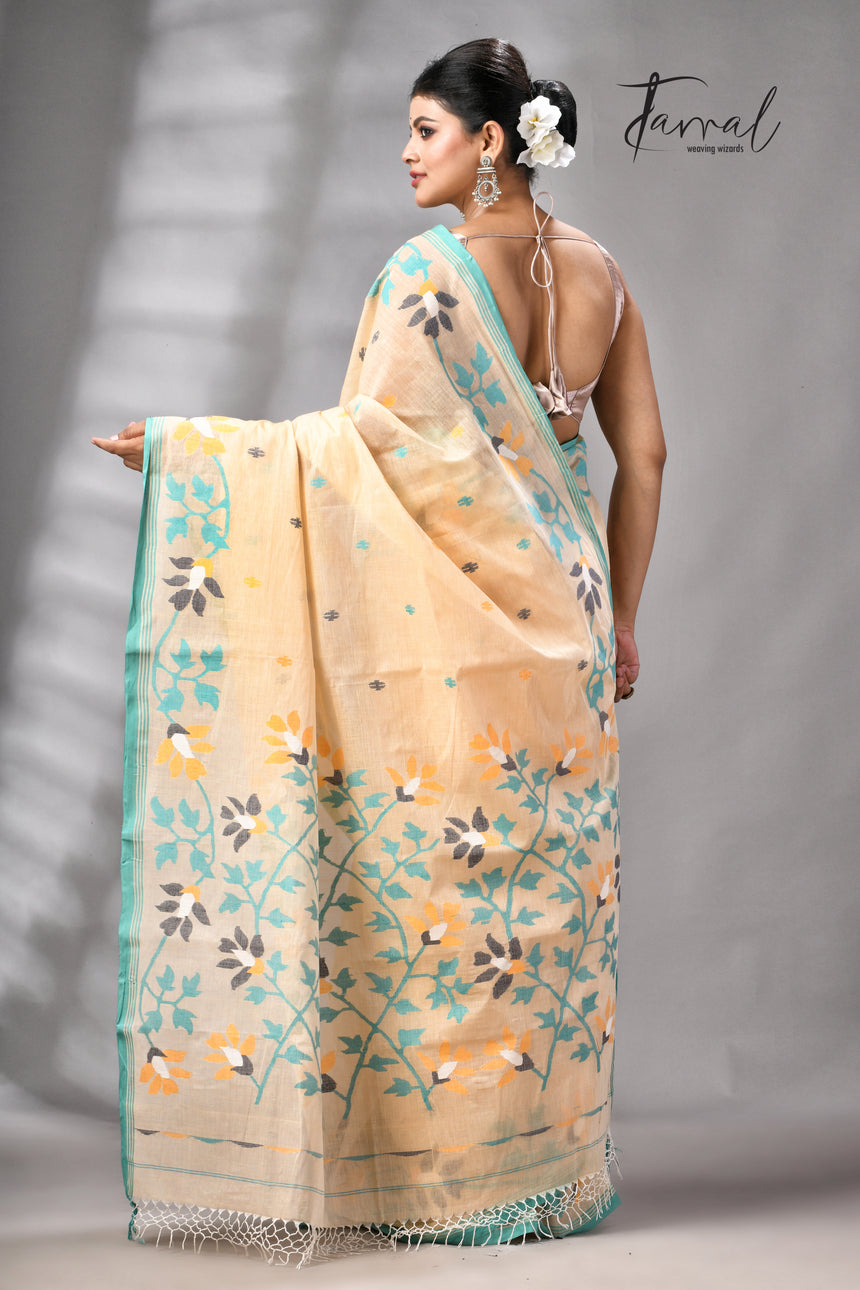 Beige with firoza border pure cotton handwoven jamdani saree