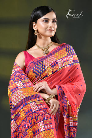 Deep peach with multicoloured  lambani embroidery saree