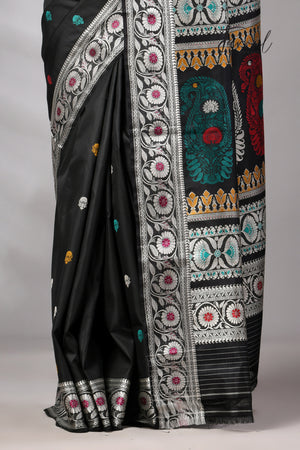 Black with multicolour Bishnupuri Katan silk revival Swarnachari handloom saree