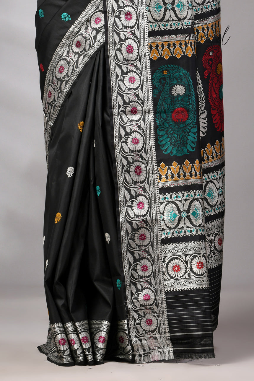 Black with multicolour Bishnupuri Katan silk revival Swarnachari handloom saree