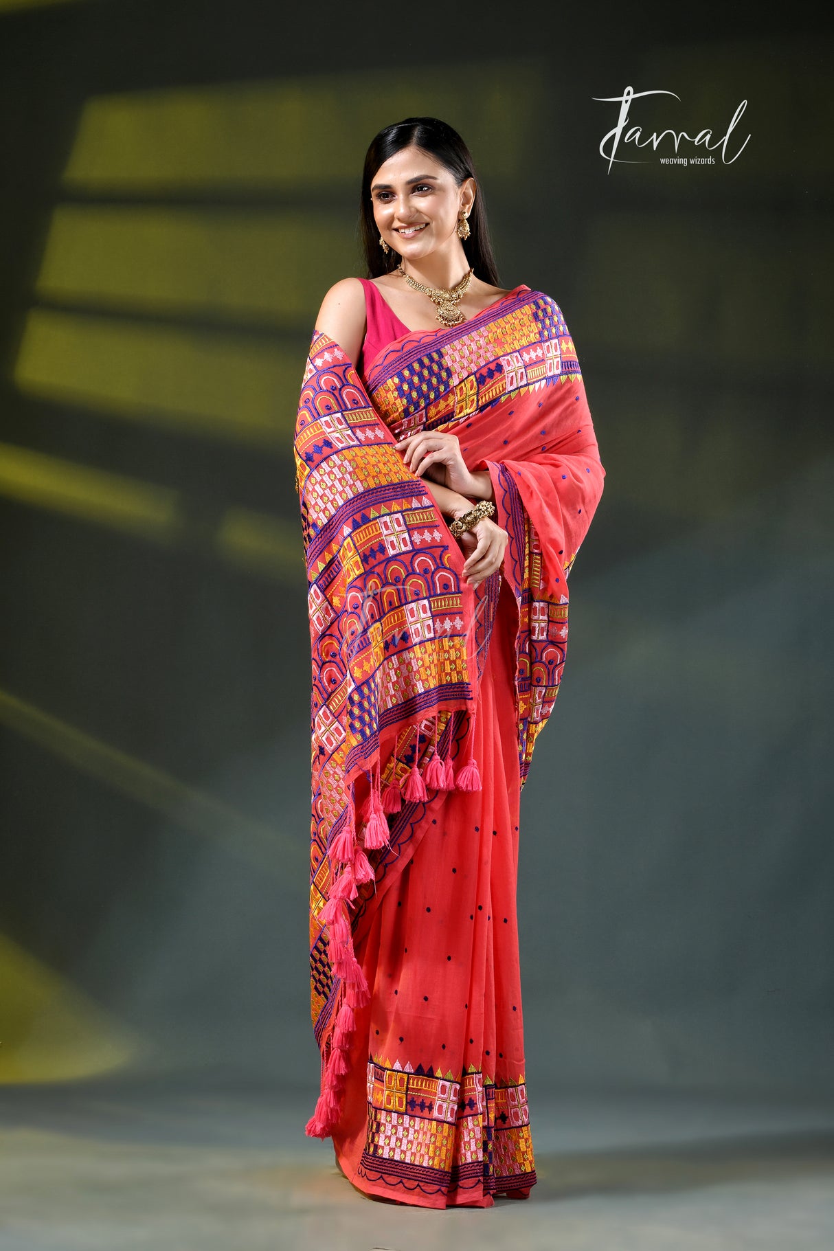 Deep peach with multicoloured  lambani embroidery saree
