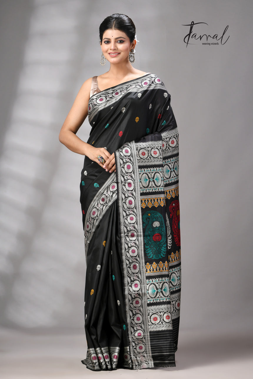 Black with multicolour Bishnupuri Katan silk revival Swarnachari handloom saree