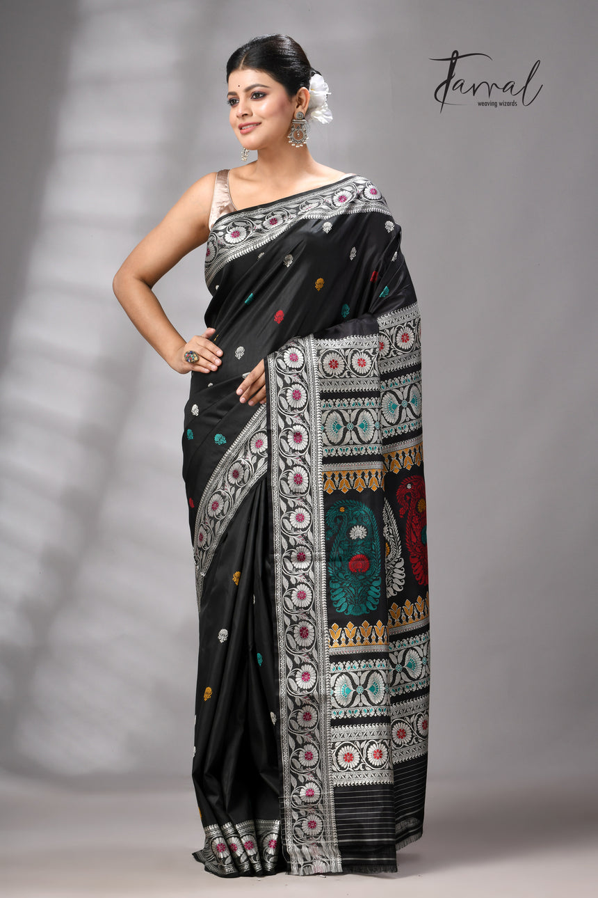 Black with multicolour Bishnupuri Katan silk revival Swarnachari handloom saree