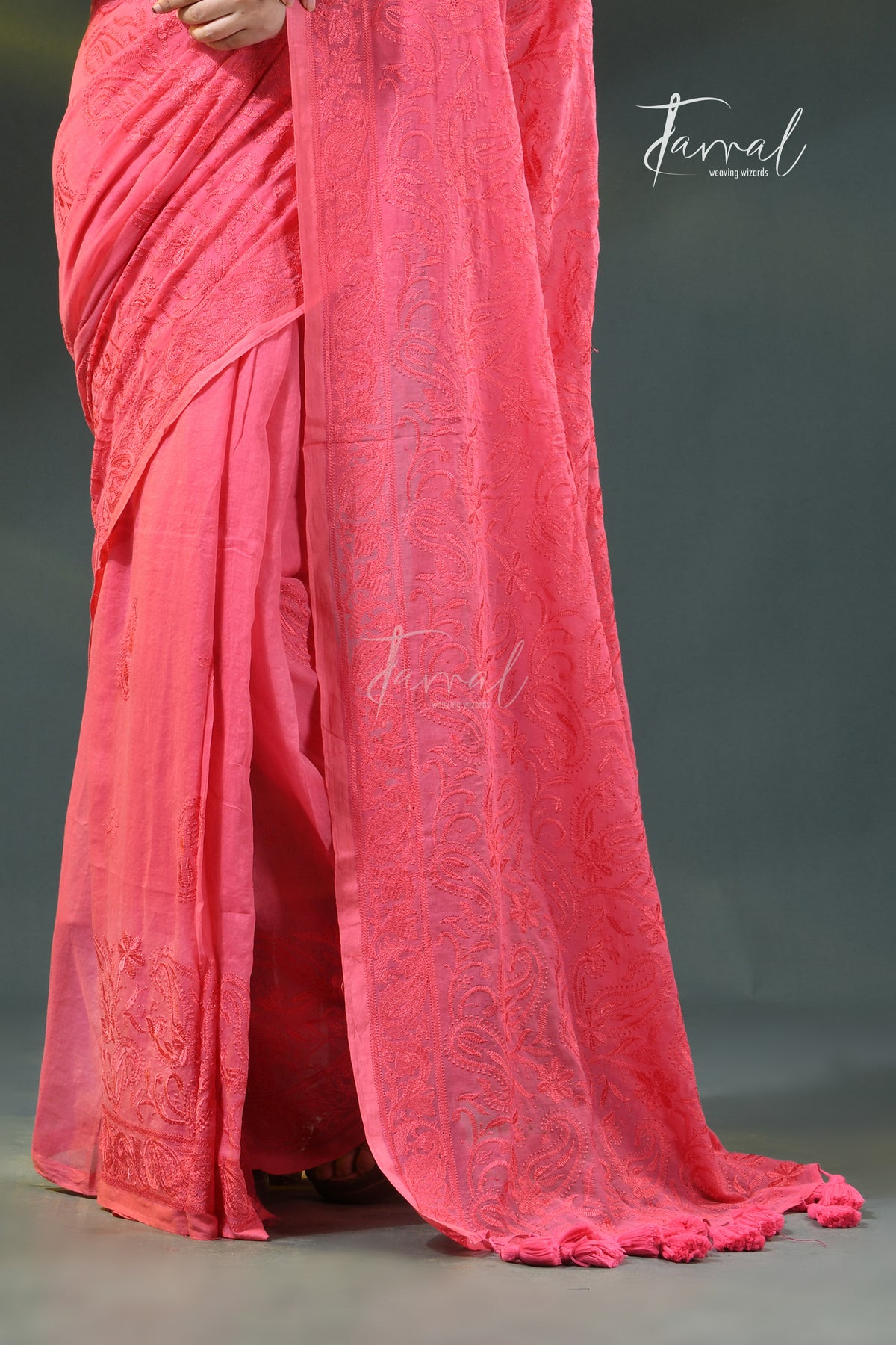 Coral pink mulmul cotton handloom embroidery saree