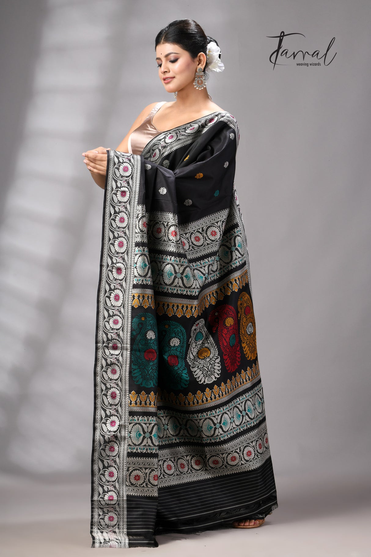 Black with multicolour Bishnupuri Katan silk revival Swarnachari handloom saree