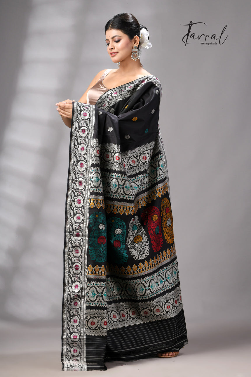 Black with multicolour Bishnupuri Katan silk revival Swarnachari handloom saree