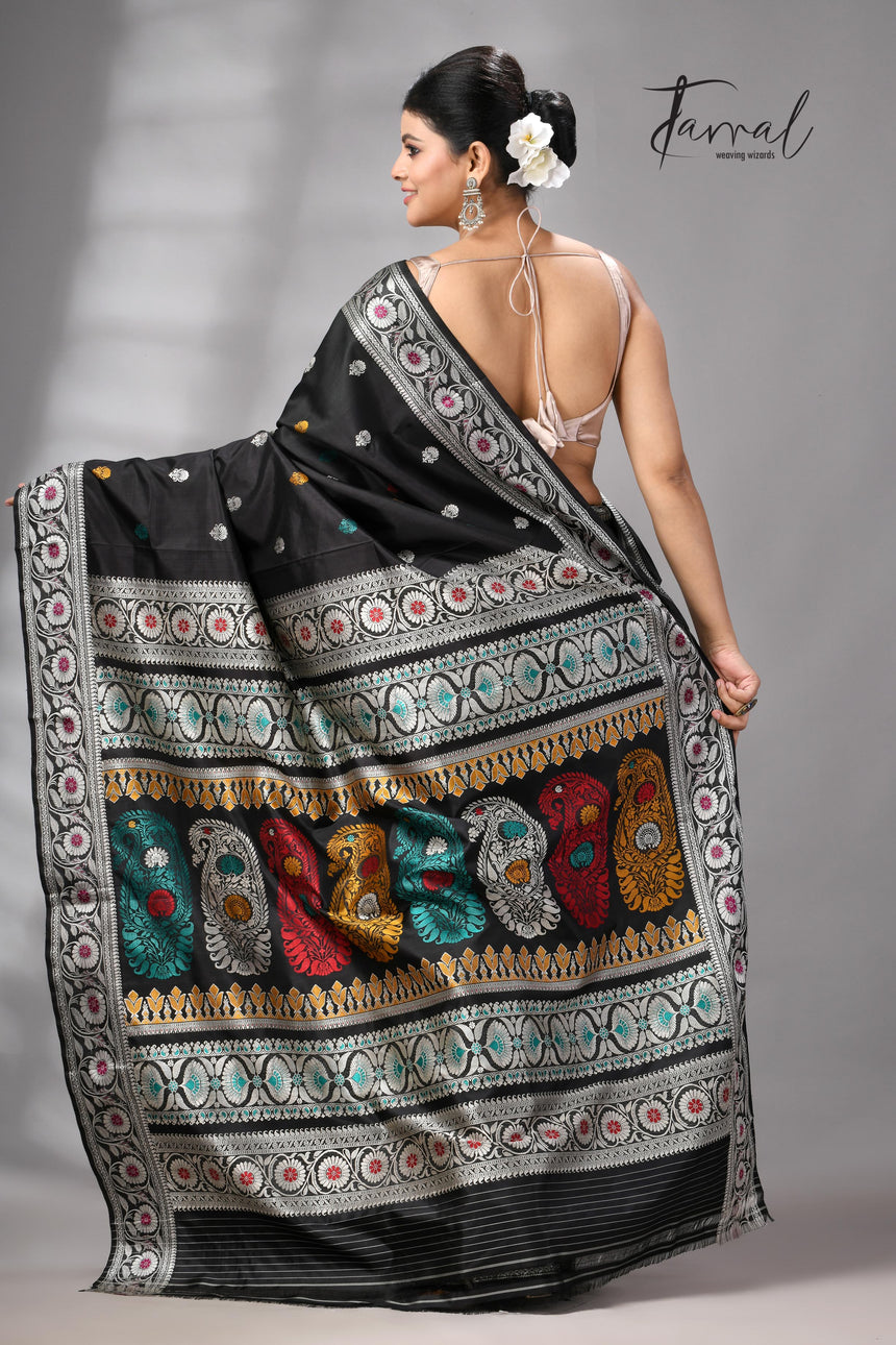 Black with multicolour Bishnupuri Katan silk revival Swarnachari handloom saree
