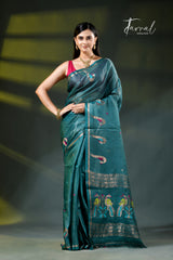 Peacock blue colour with zari work pure tussar silk handloom jamdani saree