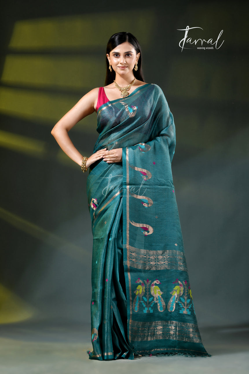 Peacock blue colour with zari work pure tussar silk handloom jamdani saree