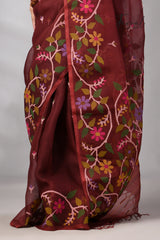 Chocolate Brown Muslin Silk Jamdani Saree With Multicolour Floral Border
