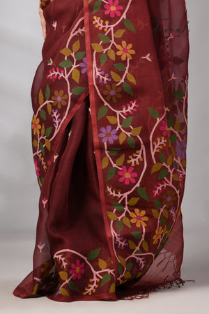 Chocolate Brown Muslin Silk Jamdani Saree With Multicolour Floral Border