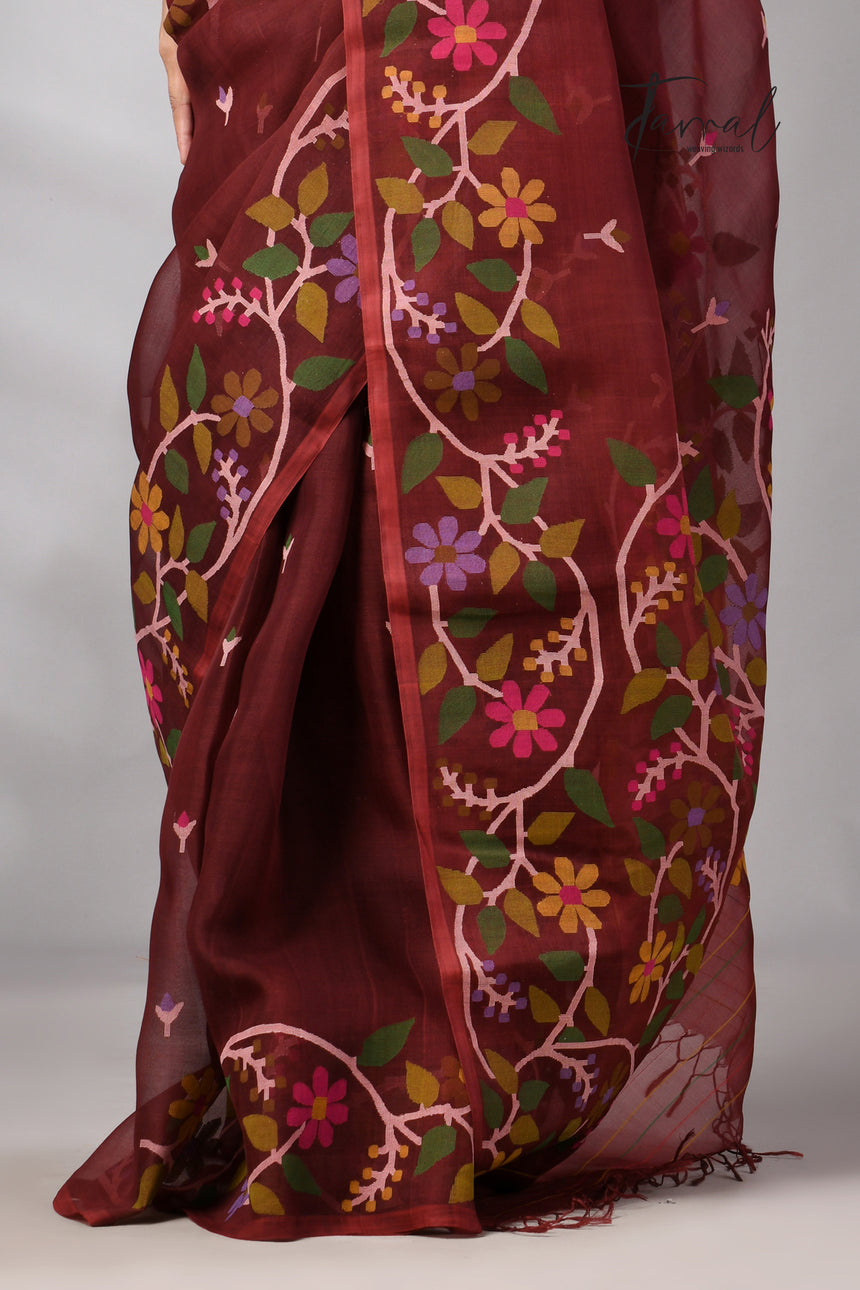 Chocolate Brown Muslin Silk Jamdani Saree With Multicolour Floral Border
