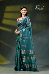 Peacock blue colour with zari work pure tussar silk handloom jamdani saree