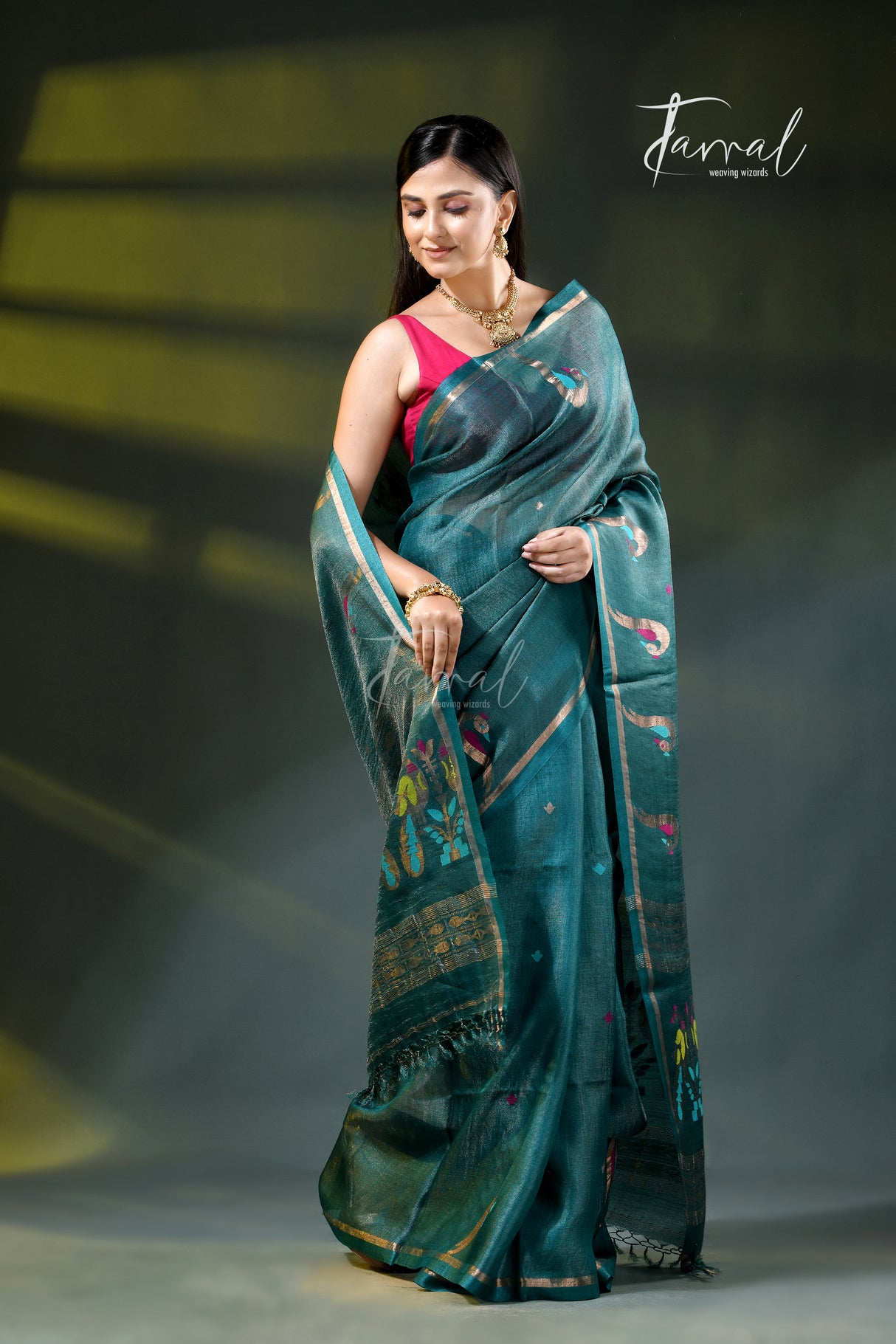 Peacock blue colour with zari work pure tussar silk handloom jamdani saree