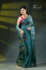Peacock blue colour with zari work pure tussar silk handloom jamdani saree