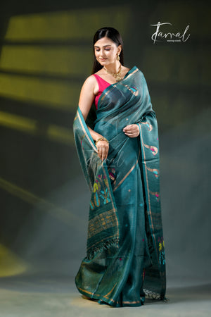 Peacock blue colour with zari work pure tussar silk handloom jamdani saree