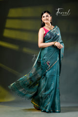 Peacock blue colour with zari work pure tussar silk handloom jamdani saree