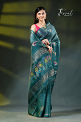 Peacock blue colour with zari work pure tussar silk handloom jamdani saree