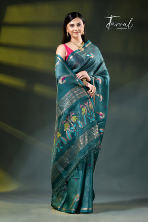 Peacock blue colour with zari work pure tussar silk handloom jamdani saree