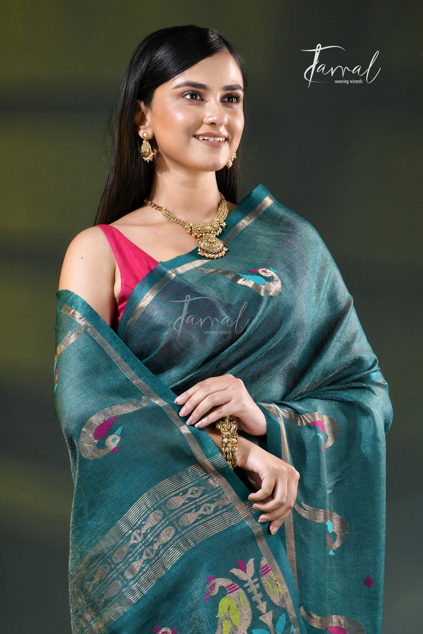 Peacock blue colour with zari work pure tussar silk handloom jamdani saree