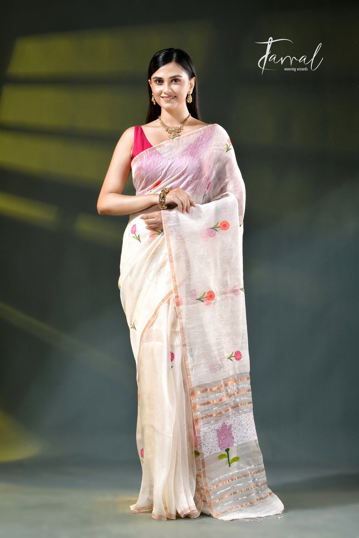 Offwhite silk linen handwoven jamdani saree