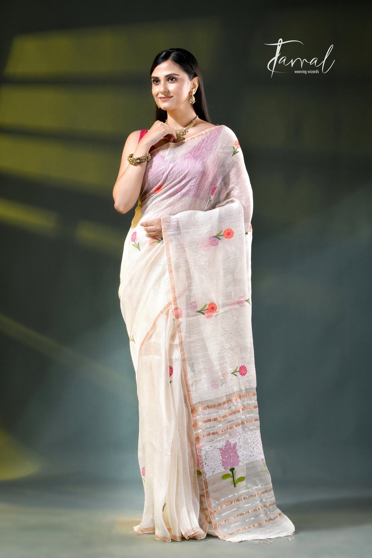 Offwhite silk linen handwoven jamdani saree