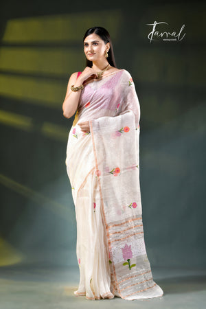 Offwhite silk linen handwoven jamdani saree