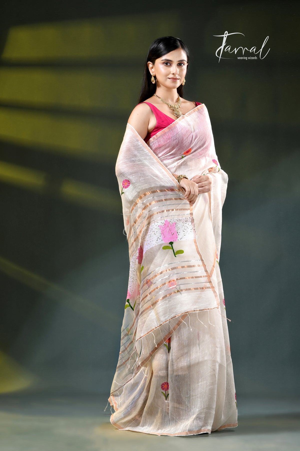 Offwhite silk linen handwoven jamdani saree