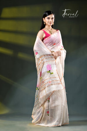 Offwhite silk linen handwoven jamdani saree