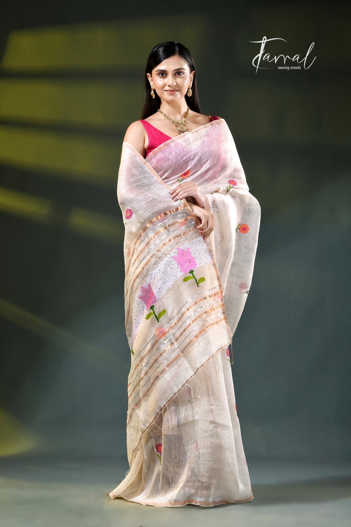 Offwhite silk linen handwoven jamdani saree