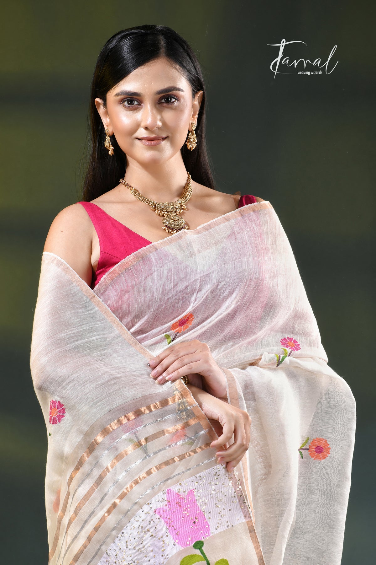 Offwhite silk linen handwoven jamdani saree