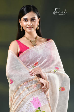 Offwhite silk linen handwoven jamdani saree