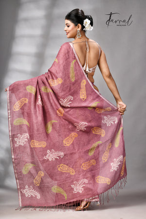 Onion Pink Colour Pure Linen Hand Block Printed Saree