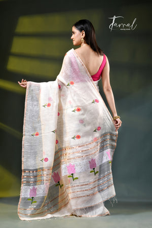 Offwhite silk linen handwoven jamdani saree