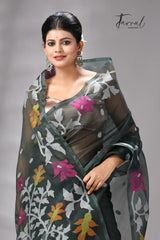 Charcoal Green Muslin Silk Jamdani Saree with Floral Motifs