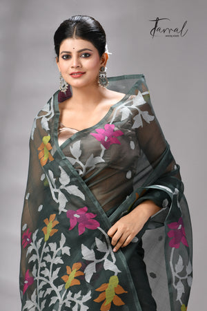Charcoal Green Muslin Silk Jamdani Saree with Floral Motifs