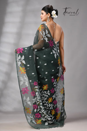 Charcoal Green Muslin Silk Jamdani Saree with Floral Motifs