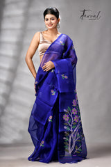 Royal Blue Floral Pallu Muslin Silk Handwoven Jamdani Saree